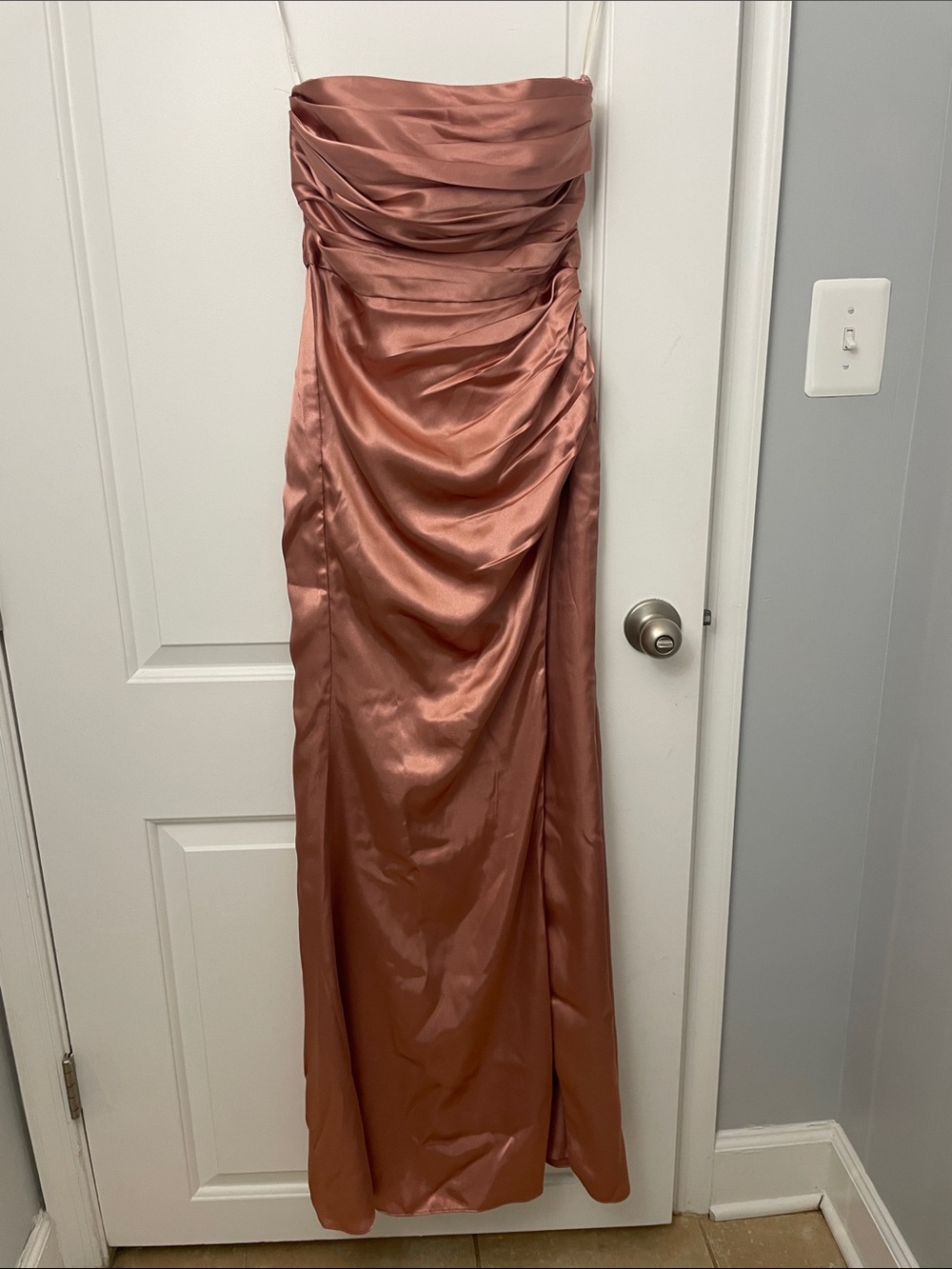 Galina Signature Strapless Satin Evening Dress in Desert Coral